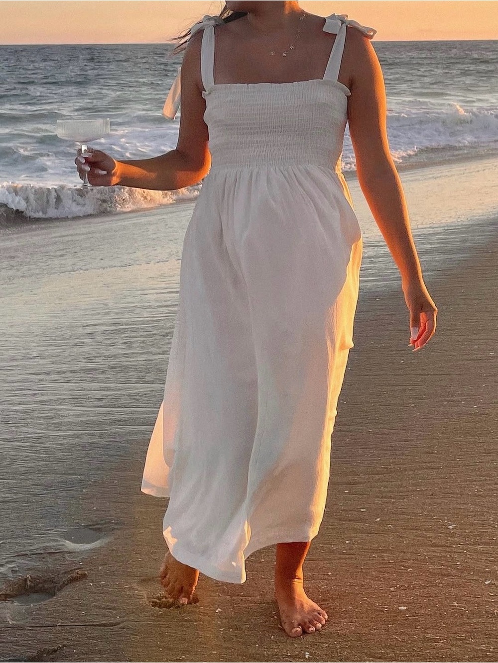 Cream Smocked Bodice Tie-Shoulder Sundress